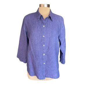 Chico's Design 100% Linen Button Up Blue Top Collared Sz LARGE Casual Minimalist
